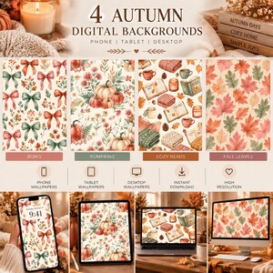 Peut inclure: Un ensemble de 4 arrière-plans numériques d'automne pour téléphone, tablette et ordinateur. Les motifs incluent des aquarelles de nœuds, citrouilles, livres douillets avec bougies et feuilles d'automne. Le texte indique 4 AUTUMN DIGITAL BACKGROUNDS.