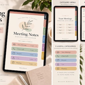 May include: A digital meeting notes notebook displayed on a tablet screen, featuring a beige background with a botanical illustration, hyperlinked navigation tabs, and five categorized sections including Team Meetings, Client Calls, Projects, 1:1s, and Planning.