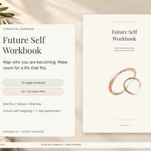 Op de afbeelding: Een Future Self Workbook digitaal printbaar bestand van 32 pagina's, inclusief A4- en US Letter-PDF's, met secties voor identiteit, waarden en de ideale dag, voorzien van een abstracte cirkelvormige grafische afbeelding op de omslag.