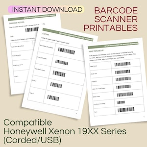 May include: Three white pages of barcode scanner setup procedures for Honeywell Xenon 19XX series scanners. The documents feature tables with various barcodes for carriage return, tab, comma, and first-time setup instructions with text labels.
