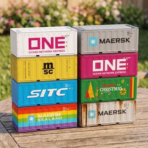 Op de afbeelding: Een stapel van acht miniatuur zeecontainers in diverse kleuren waaronder wit, geel, blauw, regenboog, grijs, roze en groen. Elke container is voorzien van specifieke logo's zoals ONE, Maersk, MSC en SITC, met een groene container die een kerstboomafbeelding en tekst bevat.
