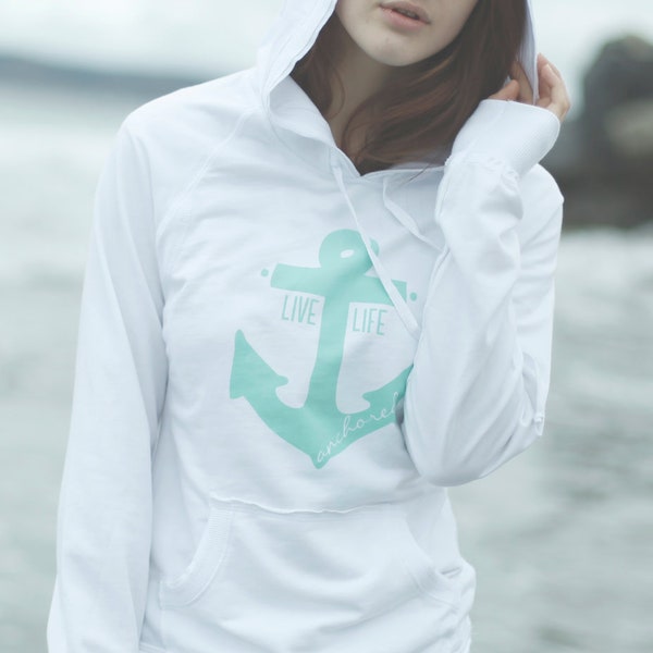 SMALL Live Life Anchored Raw Edge Hoodie White and Mint
