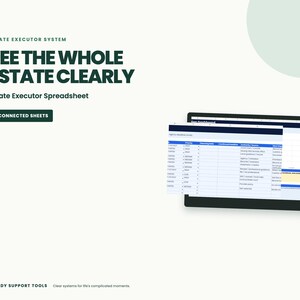 Può includere: Un foglio di calcolo per il sistema di esecutore testamentario visualizzato su uno schermo digitale. Il testo recita Estate Executor System, See The Whole Estate Clearly, Estate Executor Spreadsheet, 11 Connected Sheets e Steady Support Tools. È visibile una tabella.