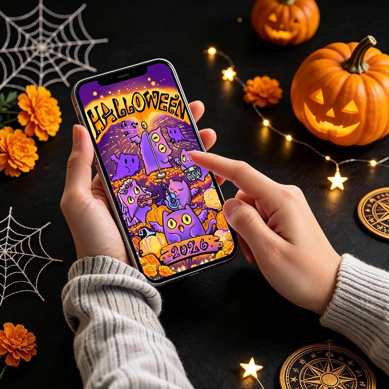 Cartoon Instruments Background Hand-drawn Halloween Ghost Cat Concert Wallpaper, Spooky Purple Cats ...