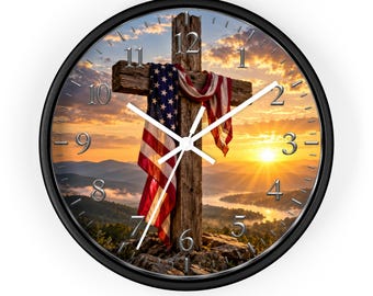 American Flag Draped Cross wall clock | Patriotic Christian sunrise decor