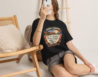 Faith & Country Scripture Tee | Romans 15:13, American Flag Ribbon, Lighthouse Sunset