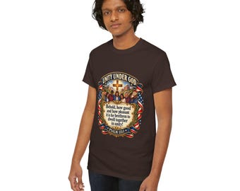Psalm 133:1 Christian T-Shirt — Unity Under God Cross and Flag Design