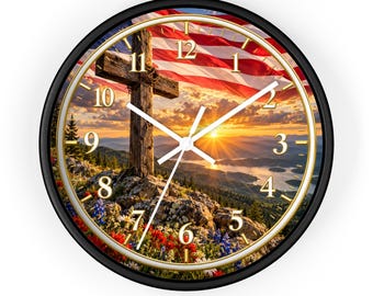 American Flag Sunrise Cross Wall Clock | Patriotic Christian Decor