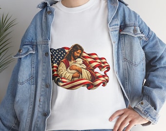 Jesus Holding Lamb American Flag T-Shirt | Christian Faith Patriotic Tee