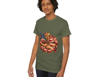 American Flag with Cross and Praying Hands T-Shirt | Patriotic Christian Tee
