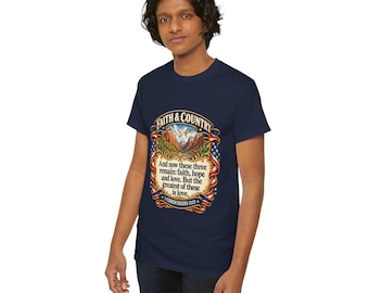 Faith & Country Bible Verse Tee | 1 Corinthians 13:13, American flag ribbon