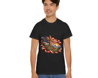 Christian Cross with American Flag T-Shirt | Patriotic Faith Tee