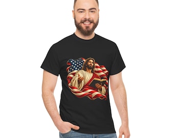 Patriotic Jesus with American Flag T-Shirt | Christian Faith Graphic Tee