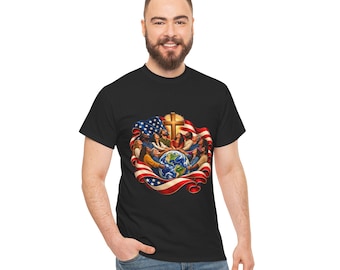 Christian Cross and Praying Angels T-Shirt | American Flag, Earth Illustration