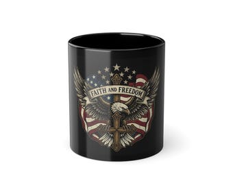 Faith and Freedom Eagle Cross Flag Mug | Black 11oz Coffee Cup