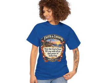 Faith & Country Bible Verse T-Shirt | Romans 15:13 Patriotic Lighthouse Tee