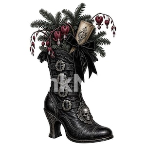 May include: A black leather boot with a mid-height heel, featuring four silver buckles, a skull emblem on the side, and a black velvet bow. The boot is filled with dark green pine branches, a rolled parchment scroll, and deep red bleeding heart flowers.