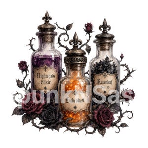 May include: Three glass apothecary bottles with ornate metal stoppers, labeled Nightshade Elixir, Emberdust, and Ravenleaf No. 13. The bottles are surrounded by dark, thorny vines and deep red and black roses, creating a detailed botanical illustration.