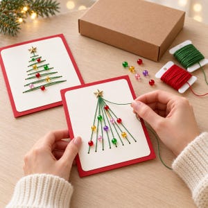 Può includere: Due biglietti d'auguri rettangolari con bordi rossi e centro color crema, caratterizzati da un design di albero di Natale ricamato con filo verde. Ogni albero è sormontato da una stella dorata e decorato con perline colorate traslucide. Sono presenti rocchetti di filo rosso e verde.