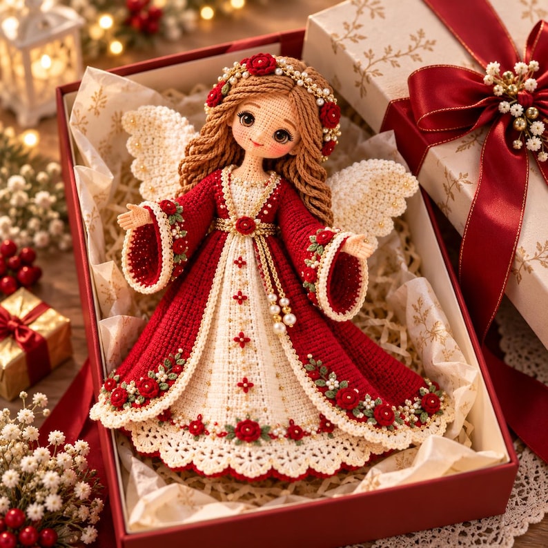 May include: A crocheted angel doll with long brown hair, wearing a red and cream dress adorned with small red roses and white lace trim. The doll features large dark eyes, white crocheted wings, and a floral headpiece, presented inside a gift box.