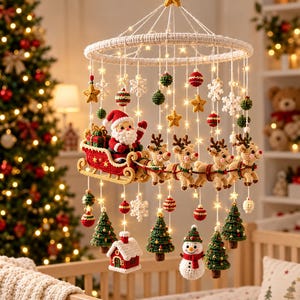 Op de afbeelding: Een hangende mobiel met gehaakte kerstfiguren, waaronder de Kerstman in een slee, rendieren, sneeuwpoppen, kleine huisjes, sterren, sneeuwvlokken en kerstballen. Het ronde frame is omwikkeld met wit garen en voorzien van warme LED-verlichting.