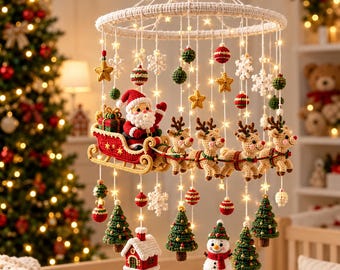 May include: A hanging mobile featuring crocheted Christmas figures including Santa Claus in a sleigh, reindeer, snowmen, small houses, stars, snowflakes, and ornaments. The circular frame is wrapped in white yarn with integrated warm LED string lights.
