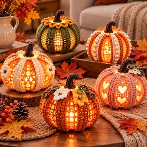 May include: Five crocheted pumpkins in various colors including green, orange, white, and pink, each featuring a dark brown stem and internal warm lighting. The pumpkins are decorated with crocheted flowers, pearls, and heart-shaped cutouts.
