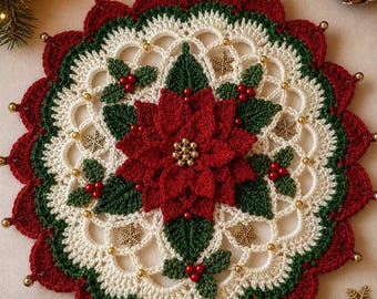 May include: A circular crochet doily featuring a central red poinsettia flower with gold beads at its core. The design includes green leaves, red berry clusters, and metallic gold snowflake accents. The border is scalloped in red, green, and white.