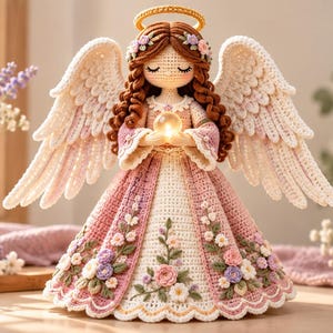 May include: A crocheted angel doll with long brown hair, a gold halo, and large white wings. The doll wears a long pink and white dress decorated with small fabric flowers and holds a glowing orb in its hands, featuring intricate stitching.