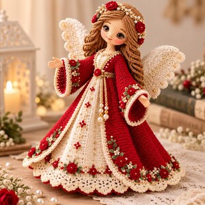 May include: A crocheted angel doll with long brown hair adorned with red roses and pearls. The doll wears a long red and cream dress featuring intricate floral embroidery, pearl accents, and a scalloped hem. Large white crocheted wings are attached.