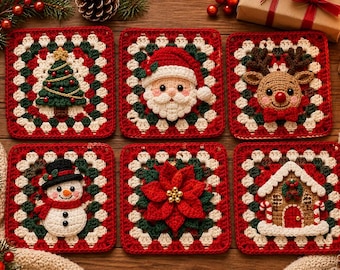 Christmas Granny Square Crochet Pattern PDF, 6 Appliqué Designs, Santa Reindeer Snowman Tree Poinsettia Gingerbread House, Holiday Blanket