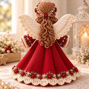 May include: A crocheted angel figurine featuring a long red dress with a cream-colored scalloped hem, adorned with small red roses and white beads. The angel has textured brown yarn hair, a floral crown, and large white crocheted wings.