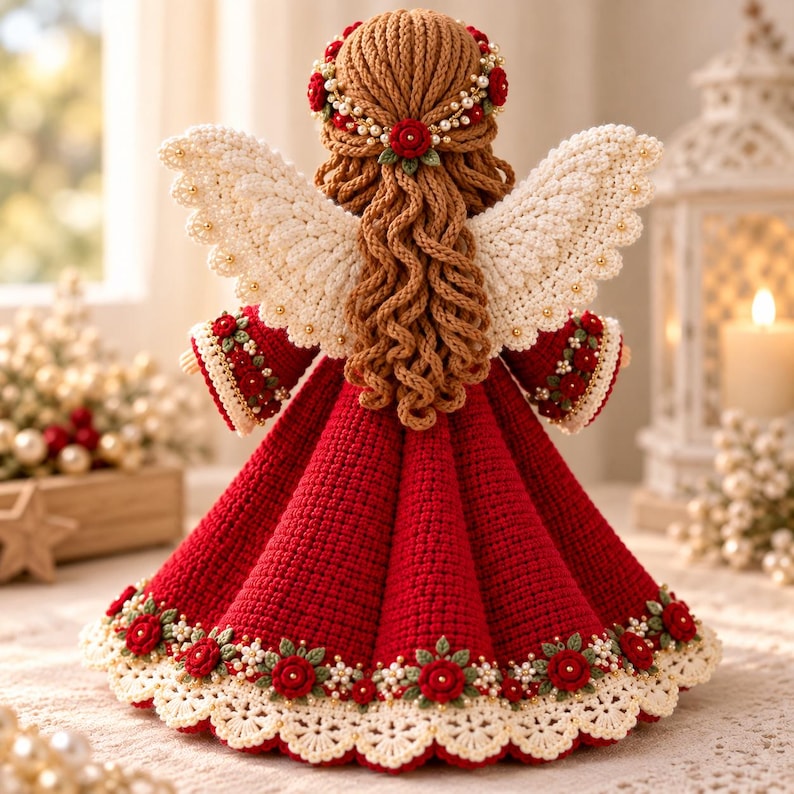 May include: A crocheted angel figurine featuring a long red dress with a cream-colored scalloped hem, adorned with small red roses and white beads. The angel has textured brown yarn hair, a floral crown, and large white crocheted wings.