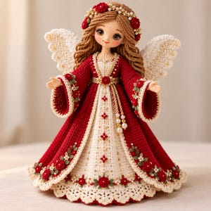 May include: A crocheted angel doll with long brown hair, wearing a deep red and cream gown adorned with small red roses, green leaves, and white pearls. The doll features large dark eyes, white crocheted wings, and a floral crown with pearls.