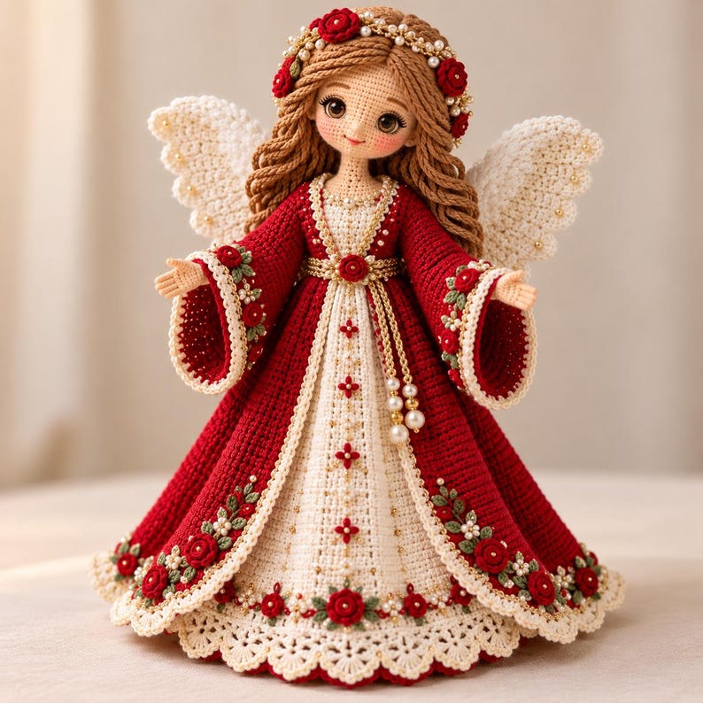 May include: A crocheted angel doll with long brown hair, wearing a deep red and cream gown adorned with small red roses, green leaves, and white pearls. The doll features large dark eyes, white crocheted wings, and a floral crown with pearls.