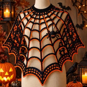 May include: A black and orange crocheted spider web capelet featuring a round neckline and a pointed hem. The garment is constructed with a repeating web pattern and includes a small, three-dimensional black spider attached to the front surface.