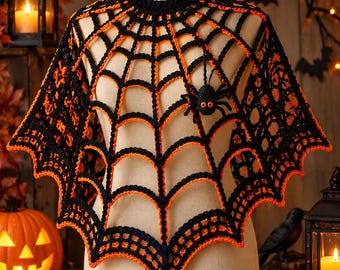 May include: A black and orange crocheted spider web capelet featuring a round neckline and a pointed hem. The garment is constructed with a repeating web pattern and includes a small, three-dimensional black spider attached to the front surface.