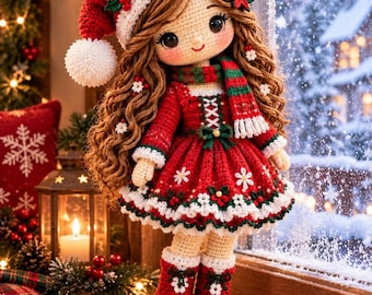 Christmas Holly Doll Crochet Pattern PDF, Amigurumi Santa Doll with Curly Hair, Red Dress, Scarf and Boots, Holiday Crochet Tutorial