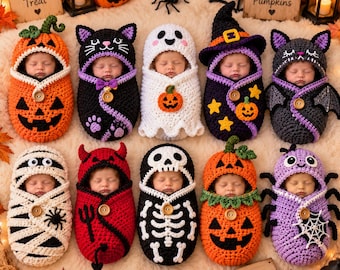 May include: Ten infants wrapped in various crocheted Halloween-themed cocoons, including a pumpkin, black cat, ghost, witch, bat, mummy, devil, skeleton, jack-o'-lantern, and spider, each secured with a single wooden button at the centre.