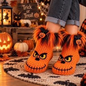 May include: A pair of orange crochet slippers featuring a jack-o'-lantern face with yellow eyes and a black stitched mouth. The cuffs are trimmed with orange and black faux fur, accented by a small pumpkin and bat charm on each slipper.