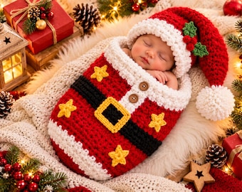 Santa Baby Cocoon Crochet Pattern, Newborn Christmas Photo Prop, Baby Santa Hat Set, Crochet Baby Cocoon PDF, Instant Download