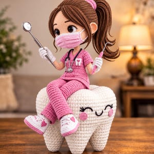 Può includere: Una bambola all'uncinetto vestita con divisa medica rosa e mascherina abbinata, con stetoscopio e strumenti dentali. La bambola è seduta sopra un grande dente bianco all'uncinetto con un viso sorridente, guance rosa e scarpe da ginnastica.