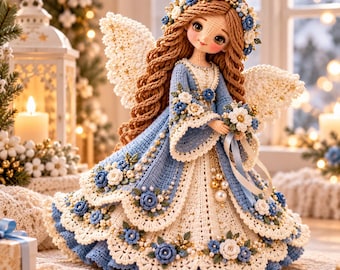 Angel Doll Crochet Pattern PDF, Winter Amigurumi Angel with Wings, Lace Gown and Flower Crown, Christmas Doll Digital Download