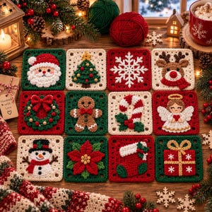 Puede incluir: Un conjunto de doce parches cuadrados de ganchillo con diseños navideños que incluyen a Santa Claus, un árbol de Navidad, un copo de nieve, un reno, una corona, un hombre de jengibre, un bastón de caramelo, un ángel, un muñeco de nieve, una flor de pascua, un calcetín y un regalo.