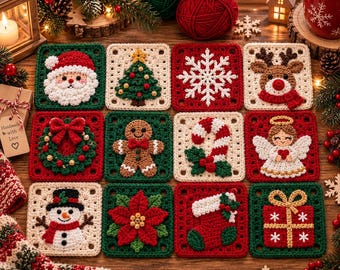 May include: A set of twelve square crochet patches featuring holiday designs including Santa Claus, a Christmas tree, a snowflake, a reindeer, a wreath, a gingerbread man, a candy cane, an angel, a snowman, a poinsettia, a stocking, and a gift.