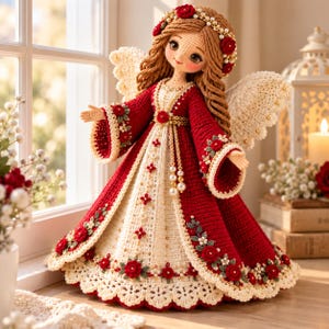 May include: A handcrafted crochet angel doll featuring long wavy brown hair adorned with red roses and pearls. The doll wears a deep red and cream gown with intricate floral embroidery, pearl accents, and large white crocheted wings on the back.