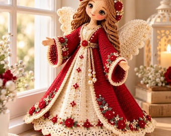 May include: A handcrafted crochet angel doll featuring long wavy brown hair adorned with red roses and pearls. The doll wears a deep red and cream gown with intricate floral embroidery, pearl accents, and large white crocheted wings on the back.