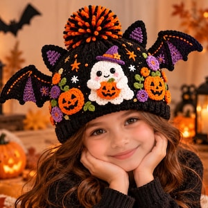 May include: A black crocheted beanie featuring a large orange and black pom-pom on top. The hat is decorated with a white ghost wearing a purple hat, orange jack-o'-lanterns, purple flowers, and two large black and purple bat wings on the sides.