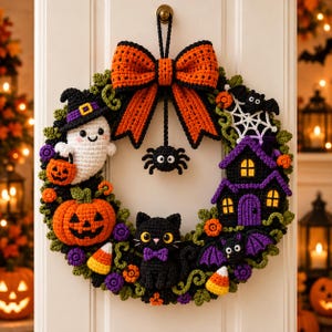 Op de afbeelding: Een gehaakte Halloween-krans met een grote oranje en zwarte strik aan de bovenkant, een wit spookje, een pompoen, een zwarte kat met een paarse strik, een paars huis, vleermuizen, maissnoepjes en een spin die aan de strik hangt.