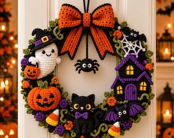 May include: A crocheted Halloween wreath featuring a large orange and black bow at the top, a white ghost, a jack-o'-lantern, a black cat with a purple bow tie, a purple house, bats, candy corn, and a spider hanging from the centre bow.